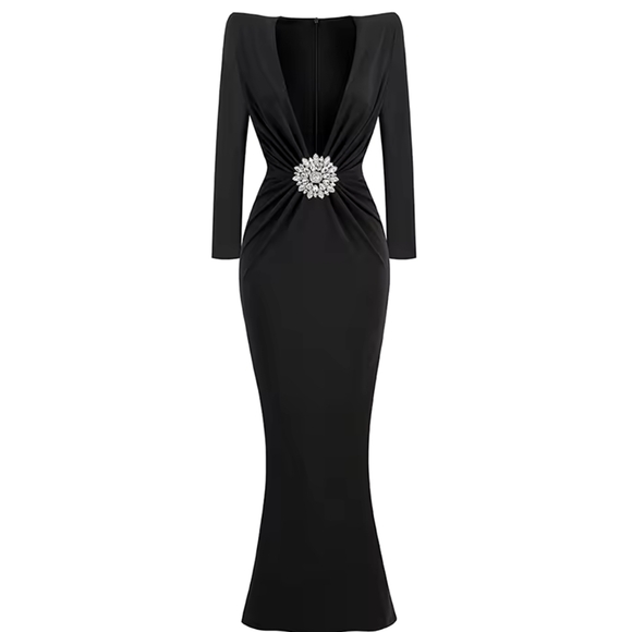 Long Sleeve V Neck Pleated Diamond-encrusted Flower Decorated Bodycon Maxi Dress - Picture 6 of 10